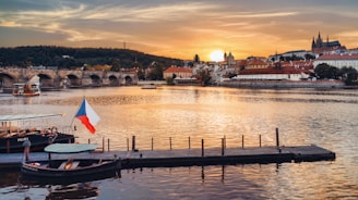 a boat is docked in the water near a bridge