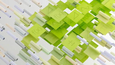a group of green and white blocks with numbers on them