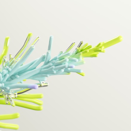 A series of pastel-colored, elongated shapes resembling abstract branches extending in various directions. The colors are predominantly light blue, green, and a hint of chrome, creating a soft and modern aesthetic against a light background.