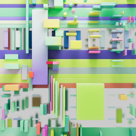 Abstract 3D visualization of red, yellow, and blue building blocks glowing softly against a dark purple gradient.