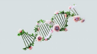 Artistic DNA double helix with floral design, highlighting the intricate nature of genomics research