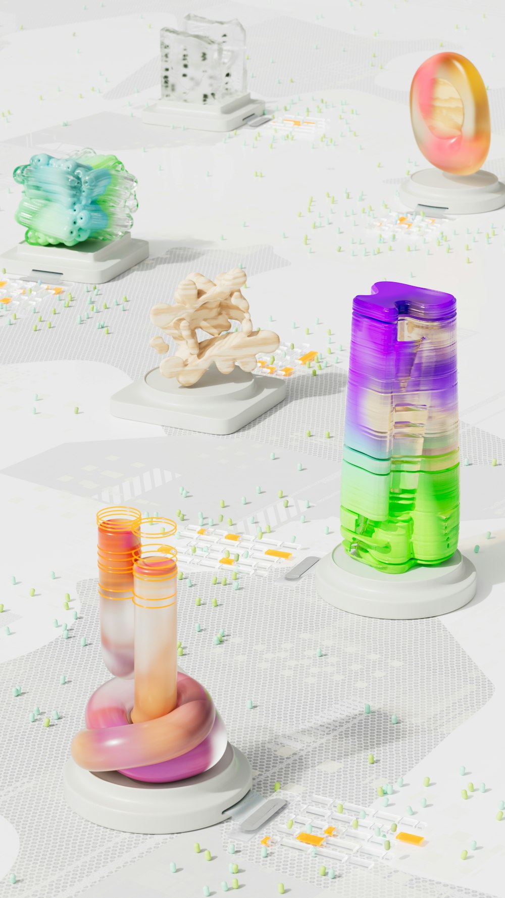 a group of different colored objects on a table
