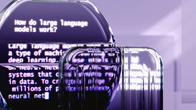 Abstract representation of digital text overlay with questions about large language models, featuring a futuristic, stylized reflection and refracted light effect.