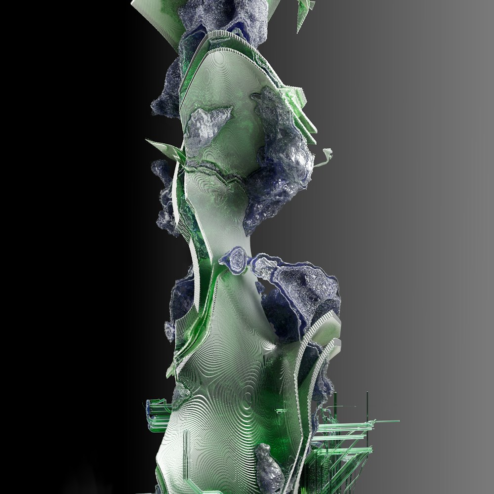 a green and white sculpture with a black background