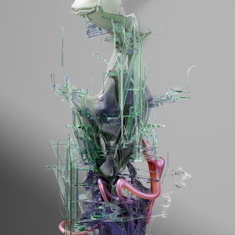 An abstract digital sculpture featuring a complex arrangement of translucent and opaque forms. The design includes a combination of organic and geometric shapes, with green glass-like structures intertwined with metallic and iridescent elements, all set against a neutral gray background.