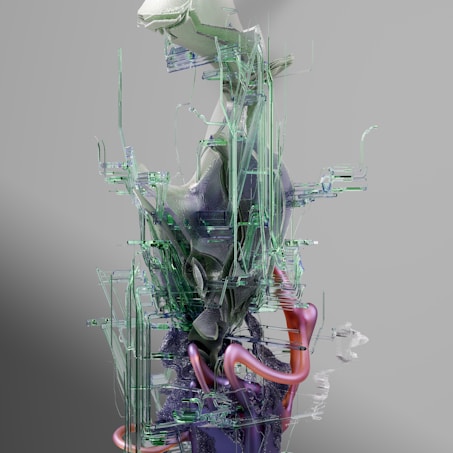 An abstract digital sculpture featuring a complex arrangement of translucent and opaque forms. The design includes a combination of organic and geometric shapes, with green glass-like structures intertwined with metallic and iridescent elements, all set against a neutral gray background.