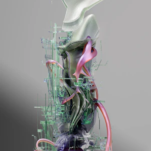 A vibrant digital art piece blending human creativity with AI elements in a futuristic workspace.