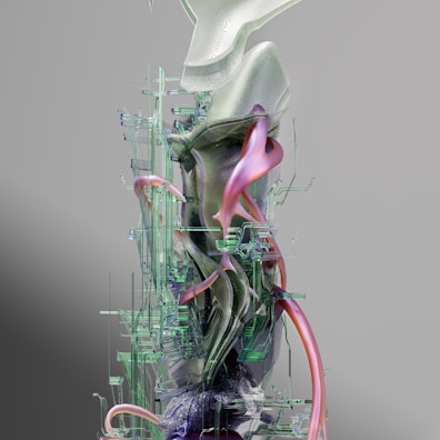 A complex and abstract digital sculpture featuring a blend of organic and geometric shapes. The piece incorporates smooth, flowing elements alongside precise, technical lines, creating a futuristic and intricate appearance. The structure is predominantly composed of glass-like textures interwoven with metallic and neon accents.