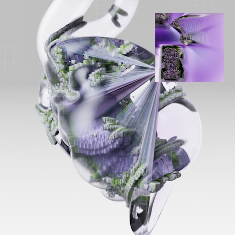 A complex abstract digital artwork featuring geometric shapes and swirling patterns. The image has an ethereal quality, with soft, flowing lines combined with sharp, angular structures. Both main and smaller portions of the image exhibit intricate textures resembling crystalline or pixelated forms.