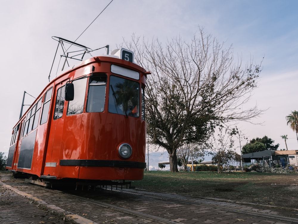 a red trolley car on a track next to a tree