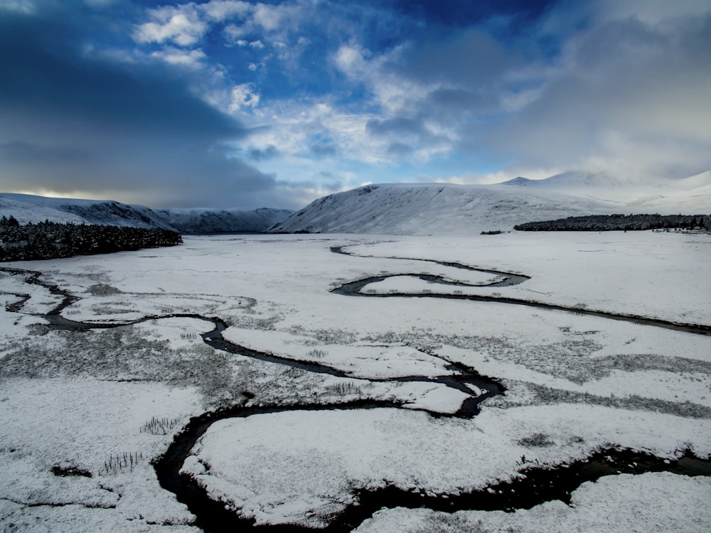 a snow covered landscape with a river running through it