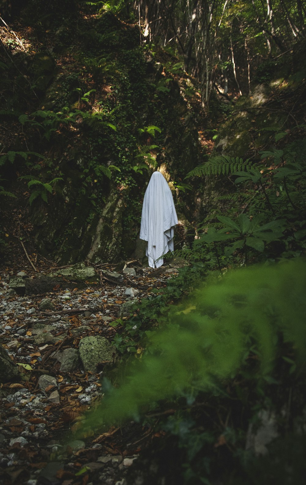 a woman in a white dress walking through a forest