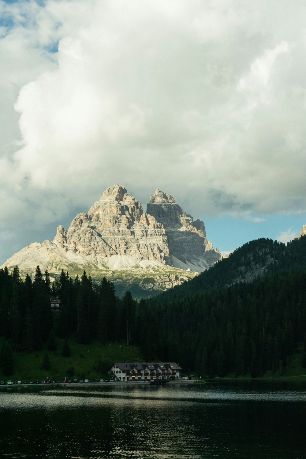 a lake with a mountain in the background