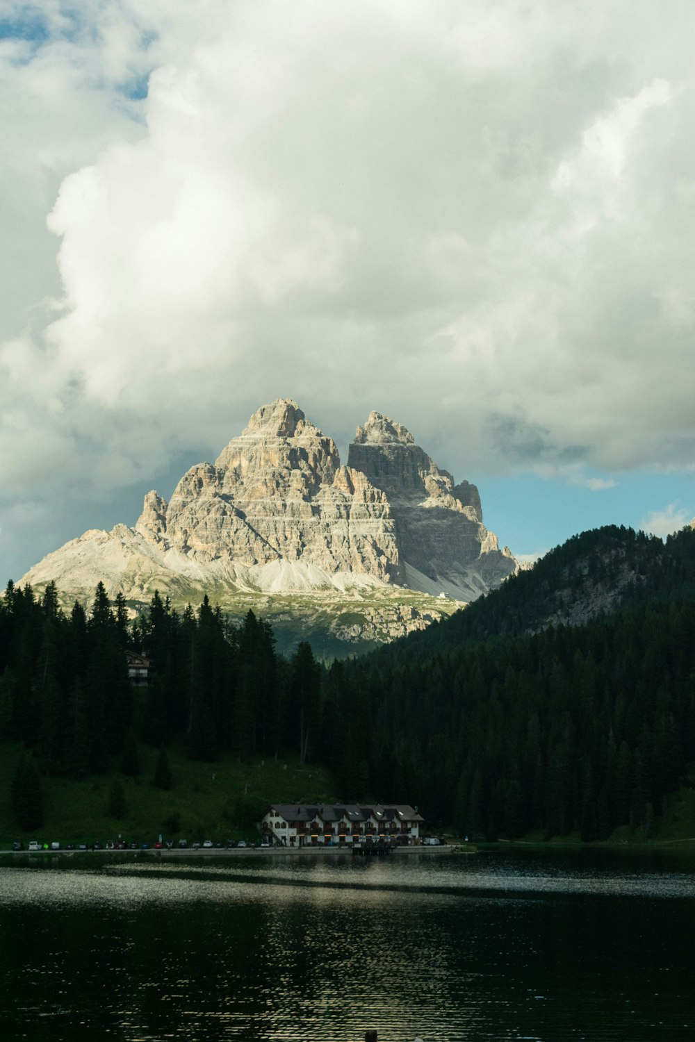 a lake with a mountain in the background