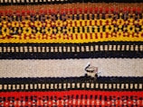 A woven textile featuring multiple horizontal stripes with intricate patterns. The colors include red, yellow, brown, black, and cream, each forming distinct geometric motifs. A small tear is present in the middle of a beige stripe.