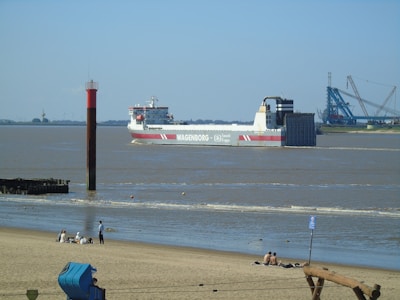 A large cargo ship with the name 'WAGENBORG' is navigating through a wide river or estuary. The ship is white with red accents and appears to belong to the company Saudi Kappa as indicated on its side. In the foreground, a sandy beach is visible with several people sitting and relaxing. A red and black navigation marker stands in the water near the shore. In the background, there are industrial structures and equipment, possibly part of a port or dock.