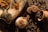 A cup of frothy coffee topped with cinnamon, surrounded by coffee beans and cookies placed on a textured burlap surface. A wooden spoon with ground coffee and a clay pot add rustic elements to the setting, illuminated by warm, natural light.
