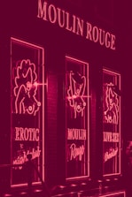 A neon-lit facade featuring signs and images related to a nightclub. The lights are predominantly pink, with the words 'Moulin Rouge', 'Erotic Nightclub', and 'Live Sex Theatre' visible. The design includes stylized figures outlined in neon.