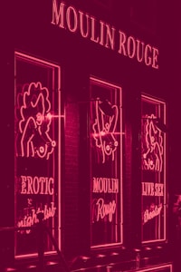 A neon-lit facade featuring signs and images related to a nightclub. The lights are predominantly pink, with the words 'Moulin Rouge', 'Erotic Nightclub', and 'Live Sex Theatre' visible. The design includes stylized figures outlined in neon.