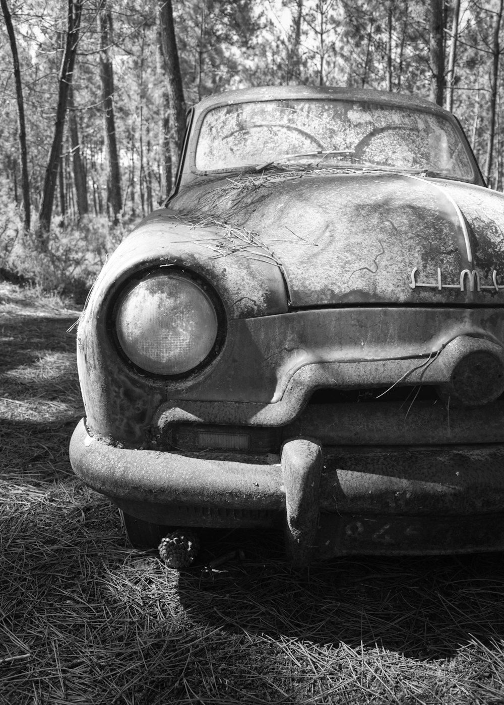 Una foto in bianco e nero di una vecchia auto nel bosco