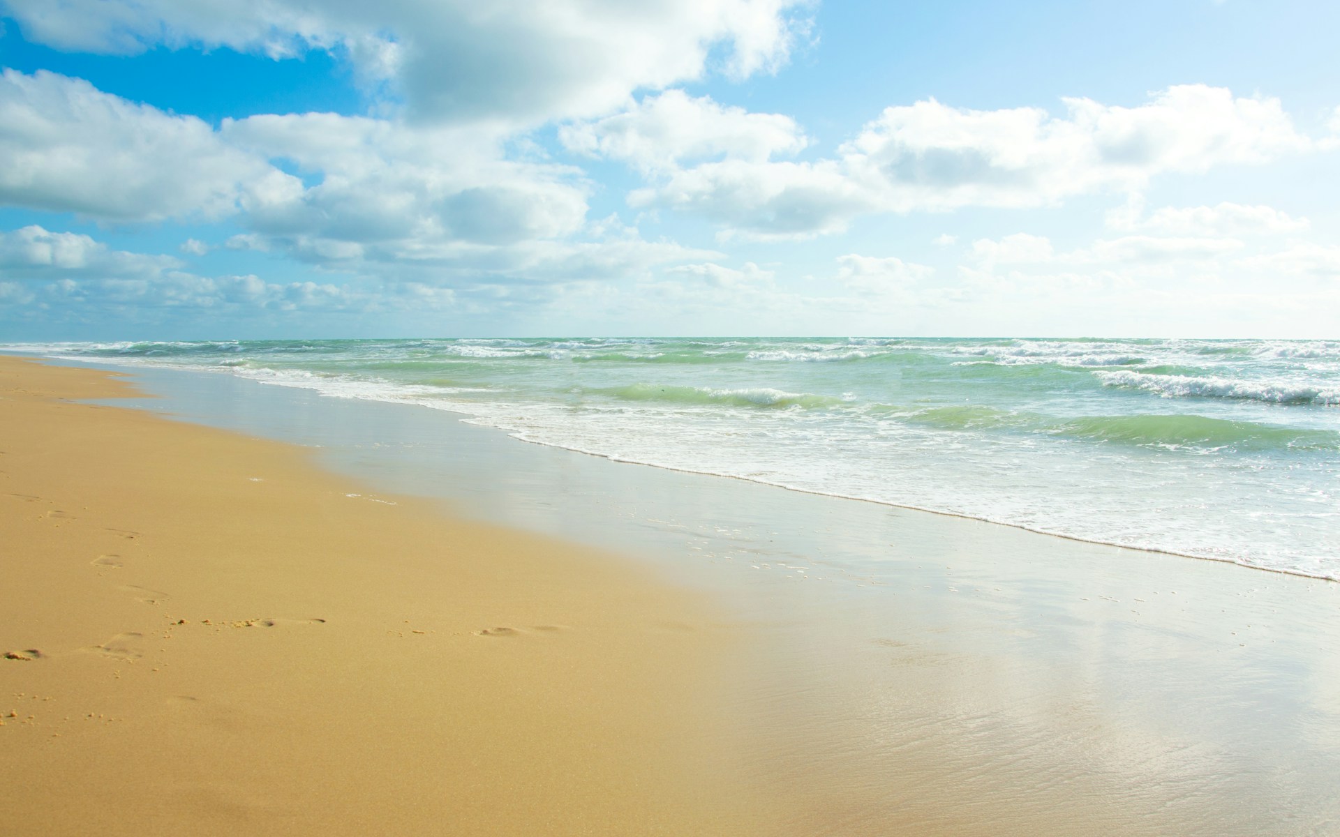 a sandy beach with footprints in the sand