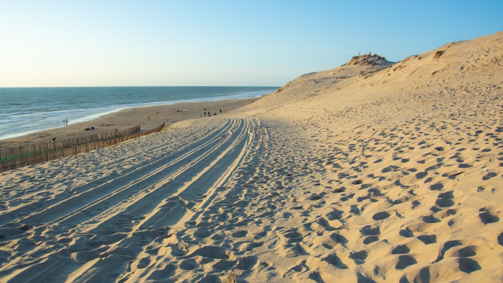 a sandy beach with tracks in the sand