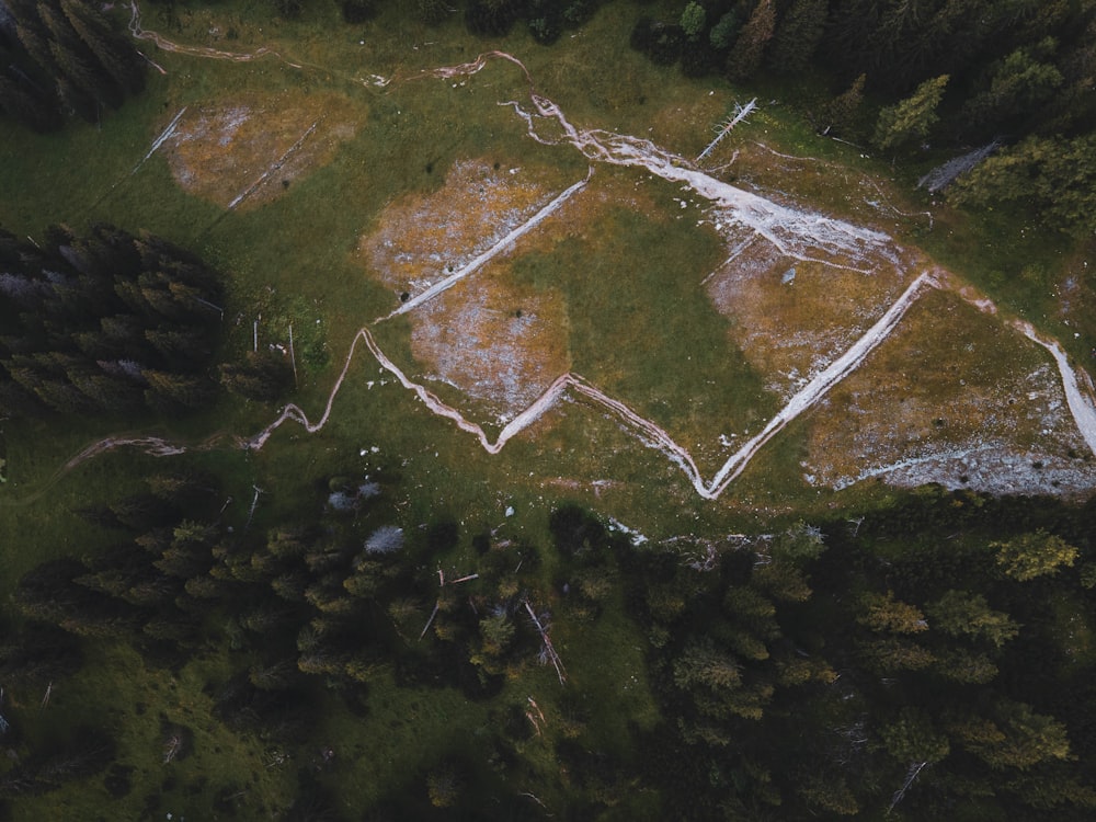 an aerial view of a grassy area with trees