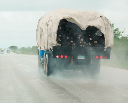 A truck carrying a load of logs covered with a tarp drives down a wet highway, creating a mist of water behind it. The road is flanked by greenery and other vehicles can be seen in the distance.