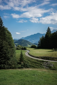 A scenic view of a winding path through a lush green landscape, inviting sustainable travel.