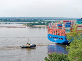 A large cargo ship laden with multicolored shipping containers is being guided along a river by a small tugboat. The river is calm and wide, while green trees line the banks in the background, providing a lush setting. The sky is overcast, casting a serene and somewhat muted light over the scene.