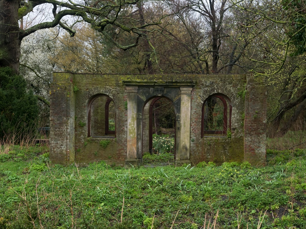 um velho edifício de tijolos no meio de uma floresta