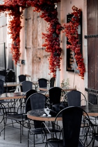 An outdoor cafe setting with black wrought-iron chairs and tables. A black and white cat is lounging on one of the tables. Red foliage decorates the walls above the cafe setting, with a rustic wooden door in the background.