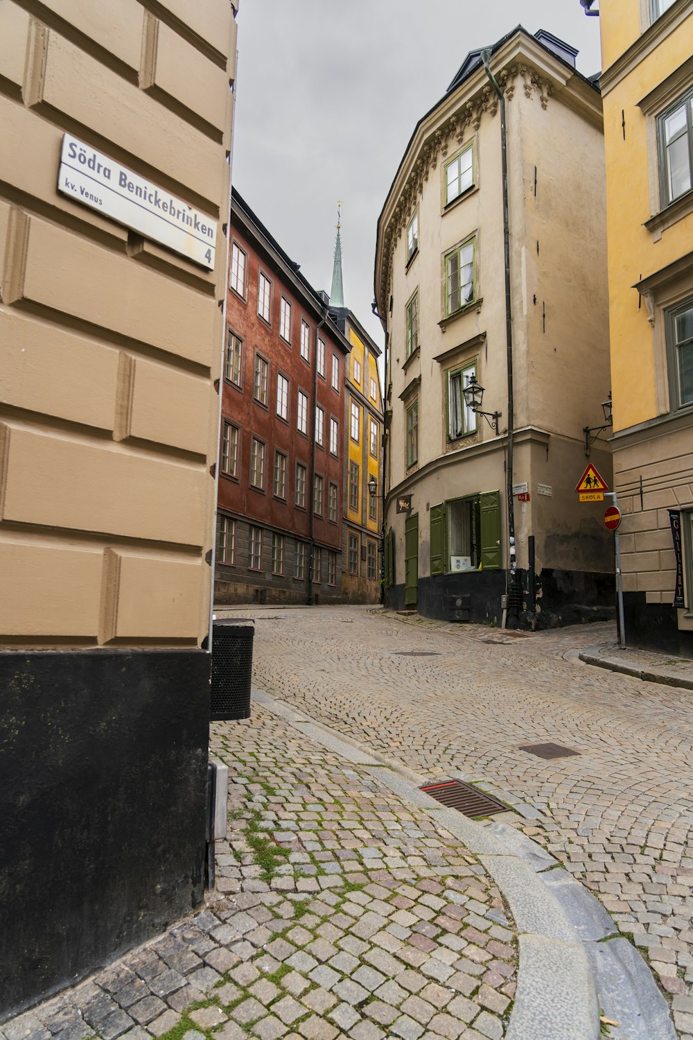a cobblestone street with buildings in the background