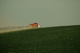 A red trailer is being pulled by a white tractor across a vast green field, creating a trail of dust behind it. The scene suggests an agricultural setting, with a backdrop of distant trees under a pale sky.