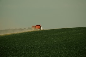 A red trailer is being pulled by a white tractor across a vast green field, creating a trail of dust behind it. The scene suggests an agricultural setting, with a backdrop of distant trees under a pale sky.