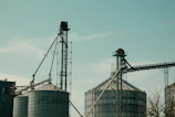 Wide shot of a feedlot with integrated technology systems under clear sky