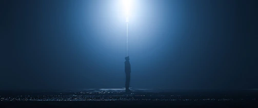 An intense silhouette of a detective holding a magnifying glass under a dim street lamp.