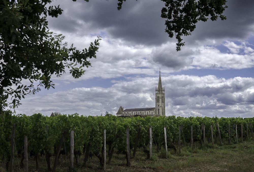 a large church tower towering over a lush green field