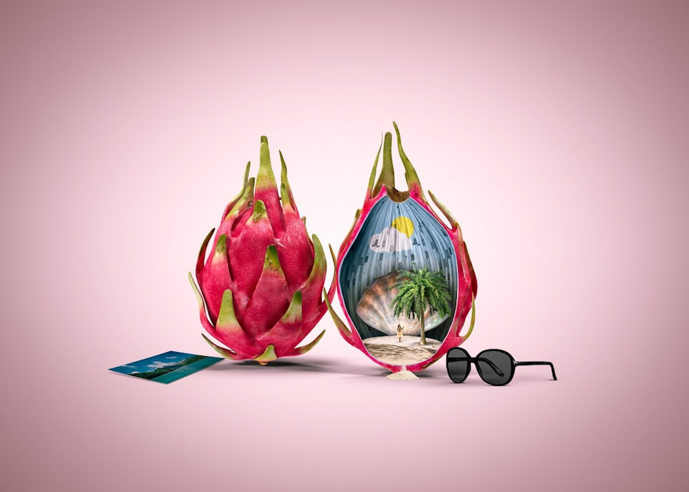 a pair of sunglasses and a dragon fruit