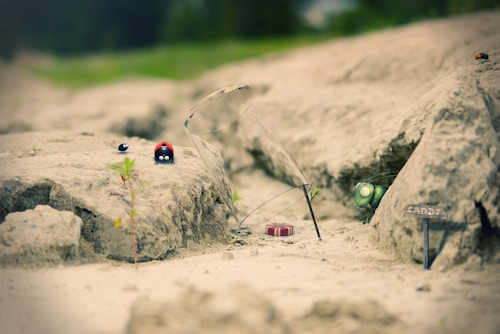 A whimsical scene set in a rocky terrain features small cartoonish insect characters and objects. A tiny black and red bug and a black bug are positioned on a rock, while a green insect peeks out from behind another rock. In the foreground, a makeshift trap made from a bent twig and string holds a wrapped candy as bait near a sign labeled 'Candy.' The setting is reminiscent of a miniature world with imaginative elements.