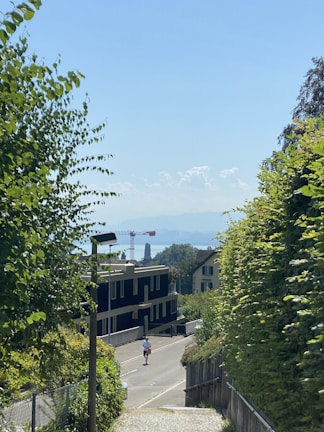 A runner jogs down a quiet, sunlit street lined with lush green trees and hedges. In the background, a large construction crane looms over a modern building, with more distant structures visible. Blue skies and a hazy view of mountains and water can be seen.