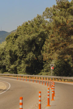 A freshly paved road stretching under a clear blue sky with gold-toned safety cones lining the edges.