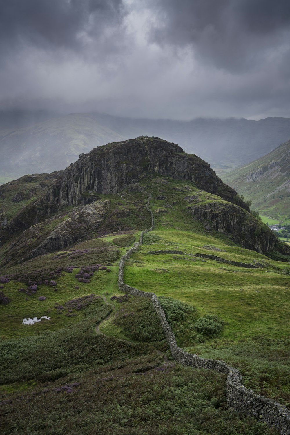 a grassy hill with a path going up it