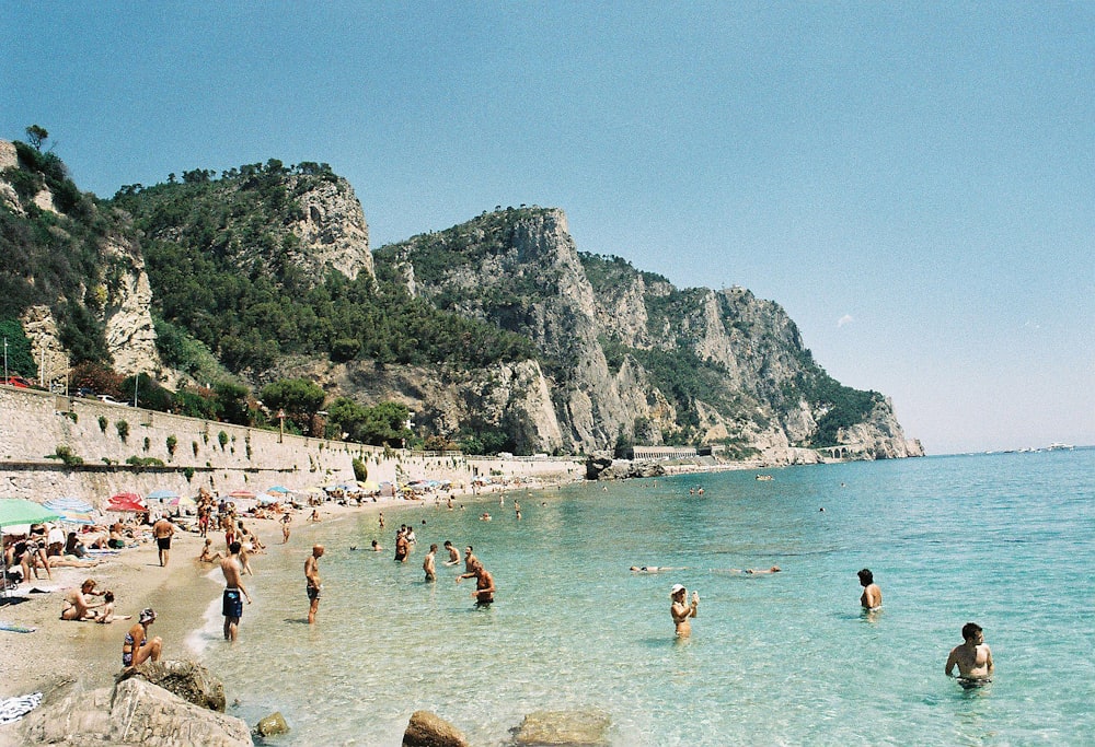 a group of people are swimming in the water