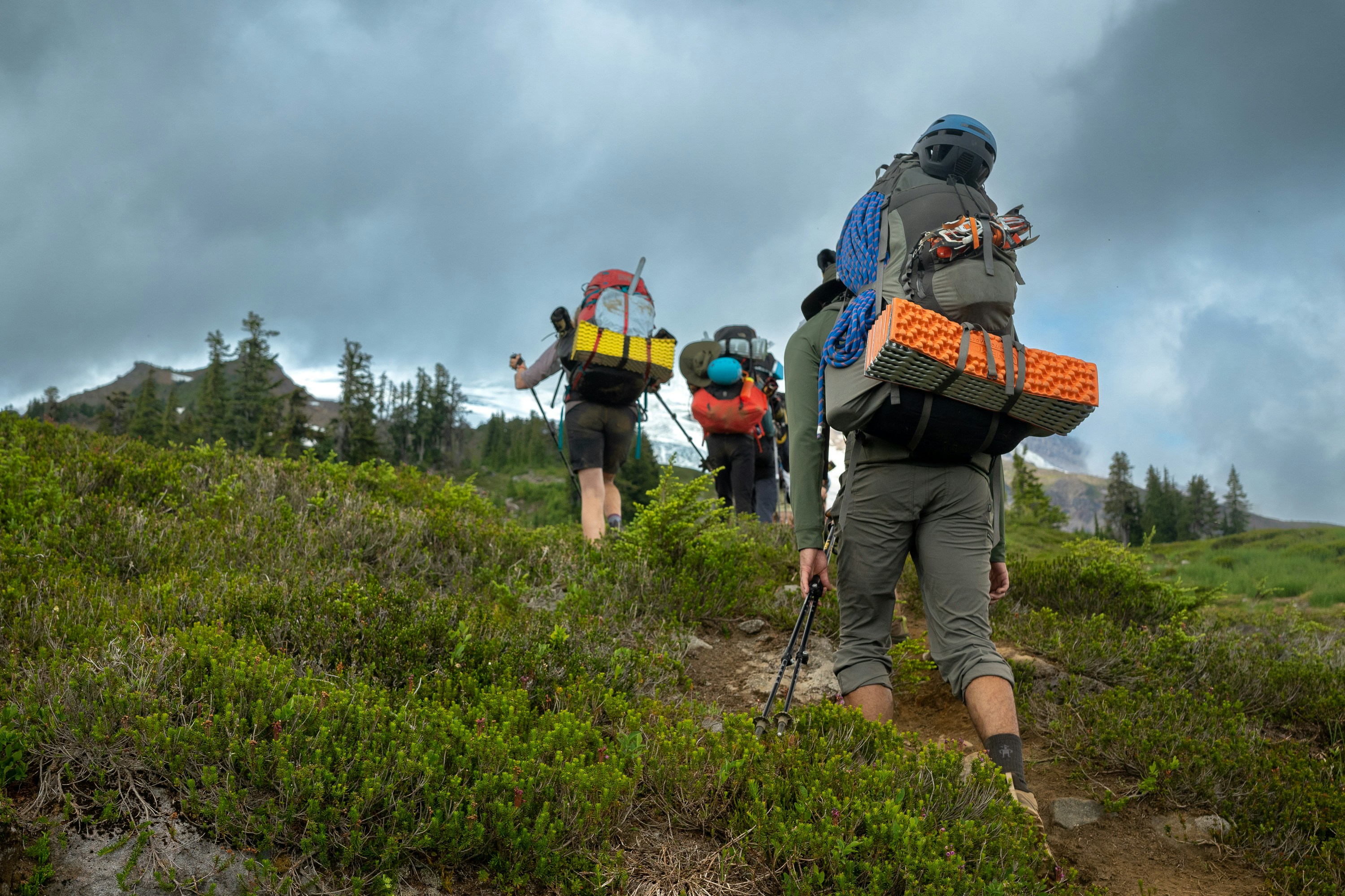 Mountain first aid kit, Hiker resting on trail, Pine forest landscape, Wilderness emergency gear, ilustrasi artikel Essential Wilderness First Aid: A Beginner’s Guide for Outdoor Enthusiasts 4