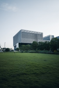a grassy field with a building in the background