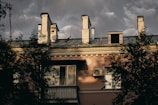 A building with a flat roof features multiple chimneys and an exterior air conditioning unit. The facade is pink with windows, and tree branches partially obscure parts of the structure. The sky is overcast, casting a moody, dim light.
