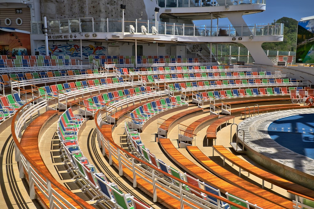 a cruise ship with a lot of chairs in it