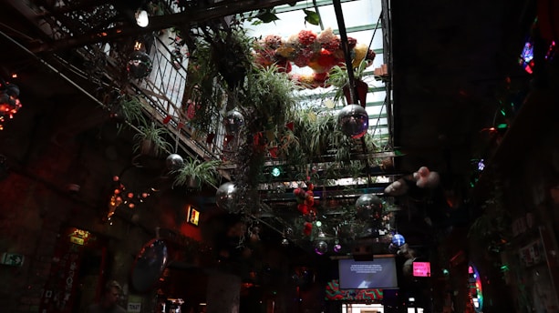 An indoor space with a glass ceiling decorated with hanging plants and disco balls. The atmosphere is vibrant and eclectic, featuring colorful lighting and a mix of natural and artificial elements, such as flowers and neon signs.