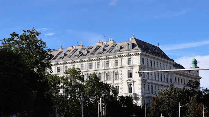 A cozy vintage schoolhouse surrounded by tall trees under a clear blue sky.